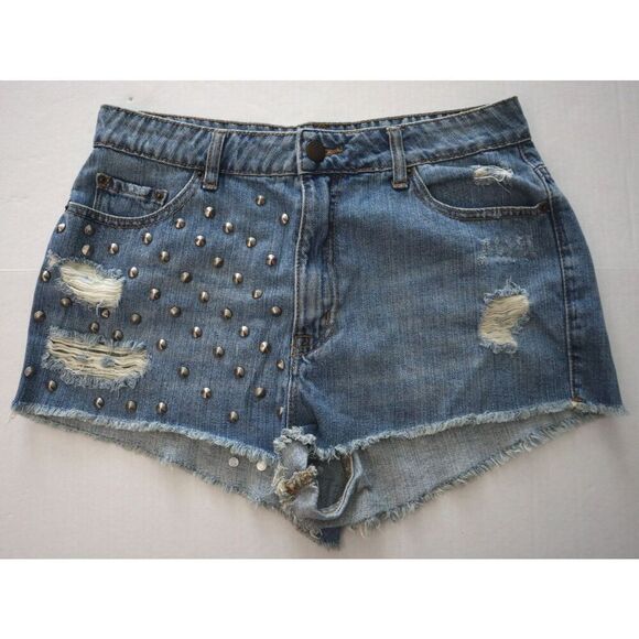 BDG x Urban Outfitters Women's Sz 32 Blue High-Rise Cheeky Studded Denim Shorts - Picture 1 of 6